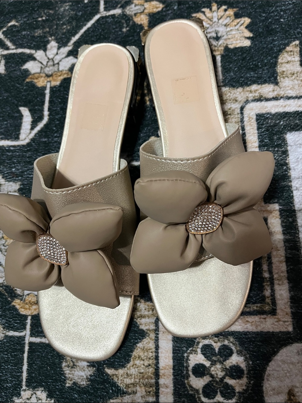 Women’s Floral Slide Sandals in Taupe with Crystal Accent